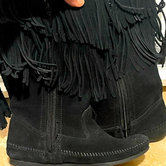 Minnetonka Boots Womens 6 3 Tier Moccasin Tall Boots black suede leather - Picture 4 of 7